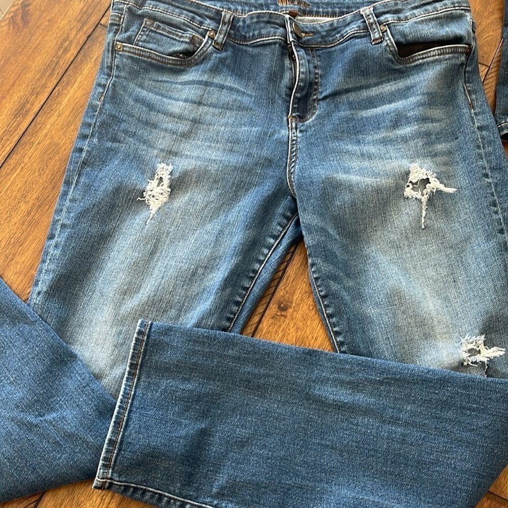 KUT blue denim jeans distressed torn straight leg high rise size 14